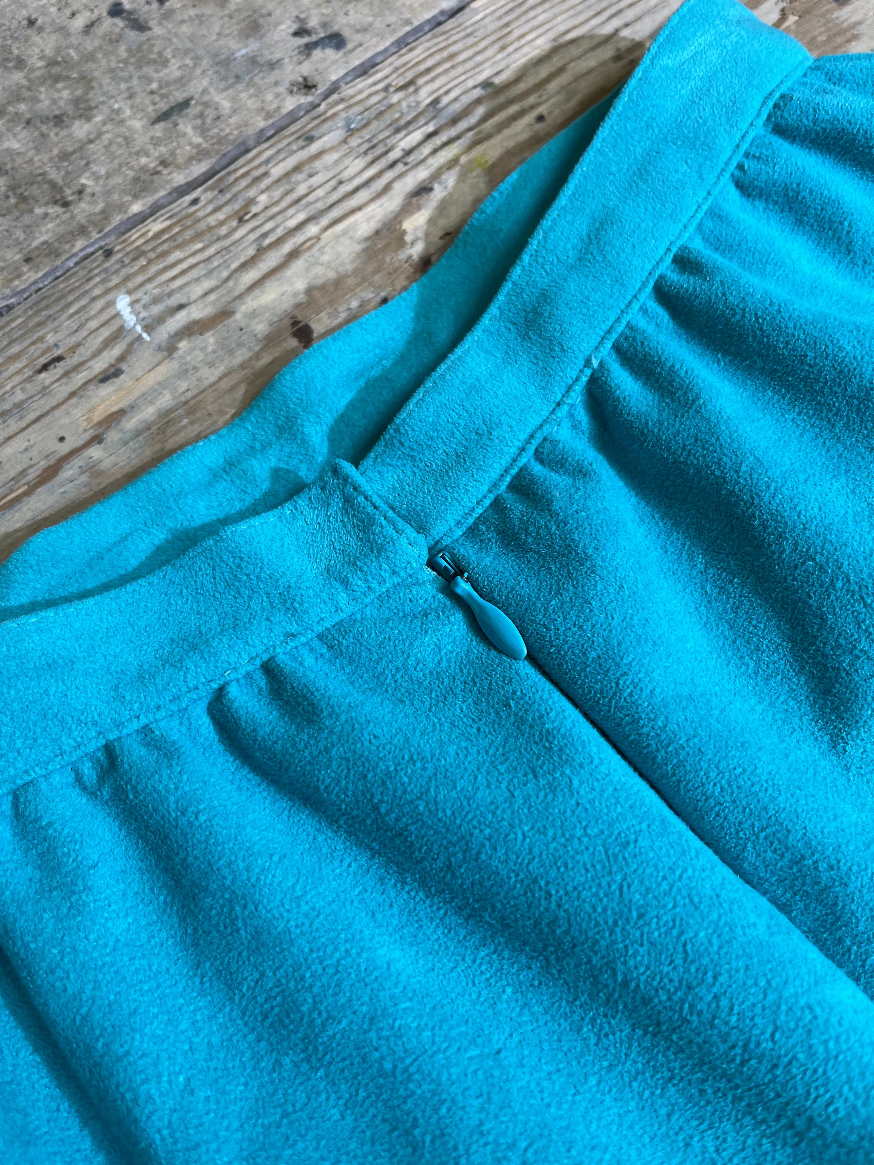 1970s-1980s Teal Faux Suede A-Line Skirt by Designer Images