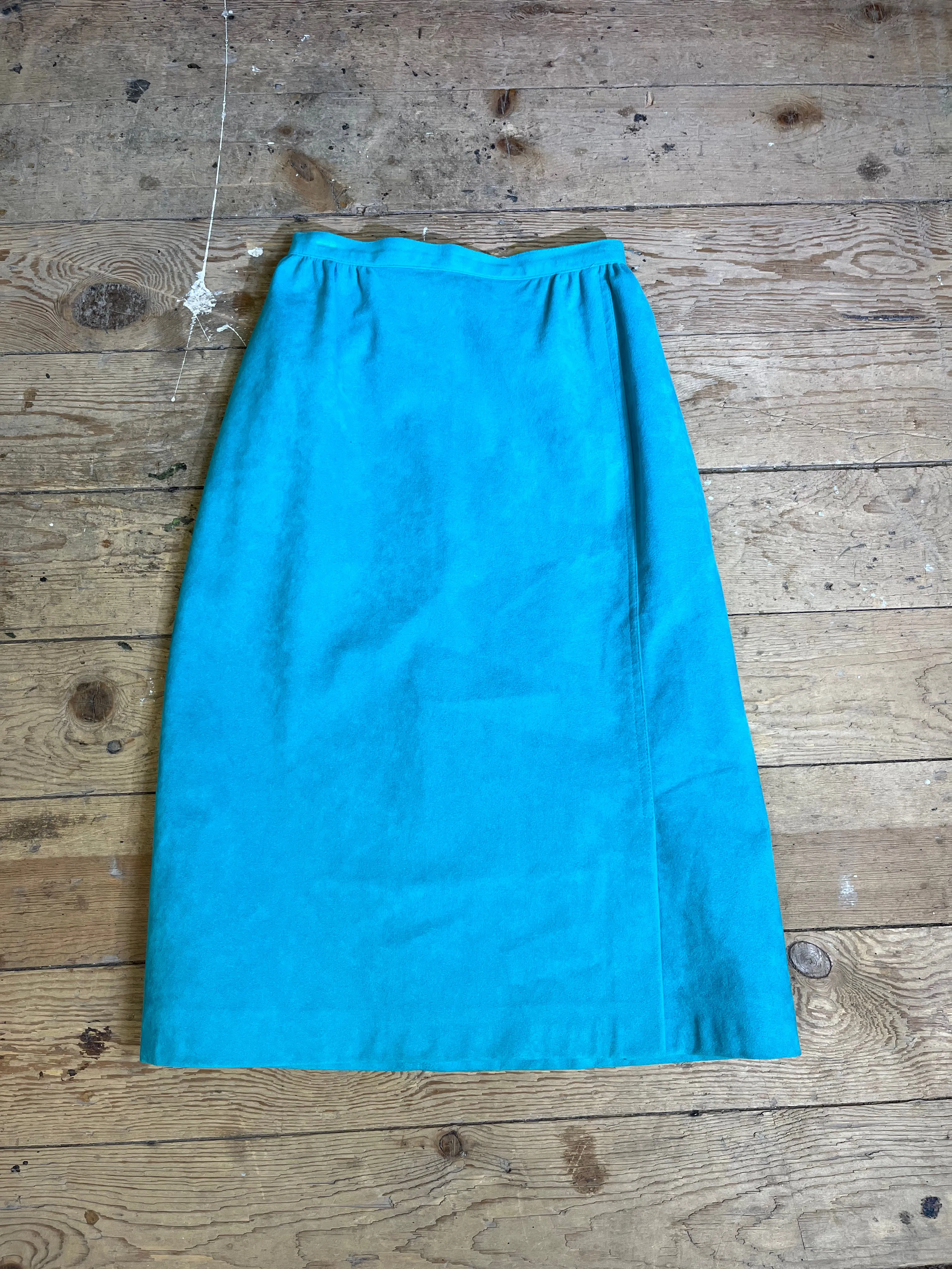 1970s-1980s Teal Faux Suede A-Line Skirt by Designer Images