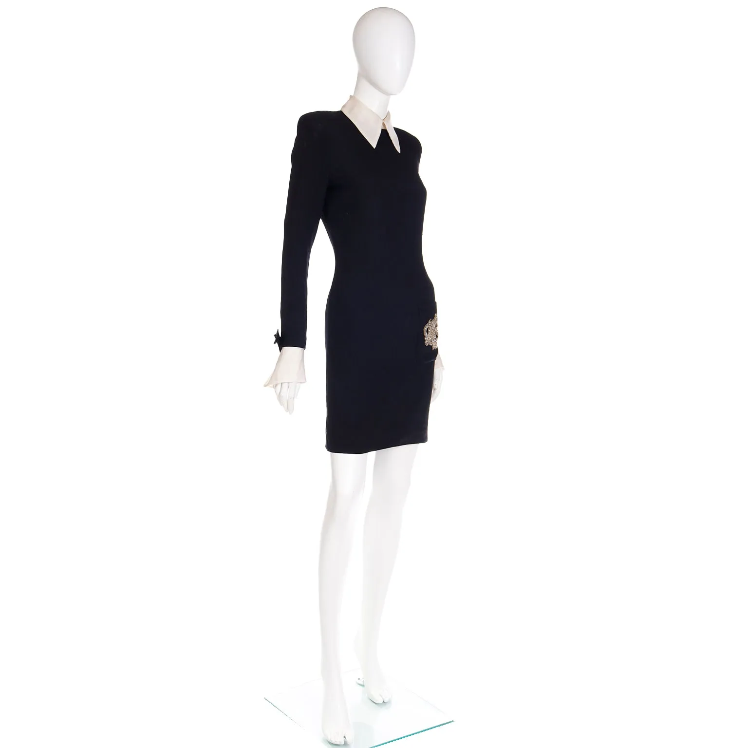 1980s Christian Dior Black Dress w Beaded Dior Logo & Organza Collar & Cuffs