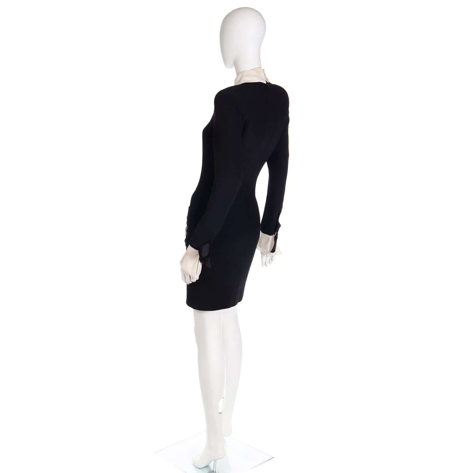 1980s Christian Dior Black Dress w Beaded Dior Logo & Organza Collar & Cuffs