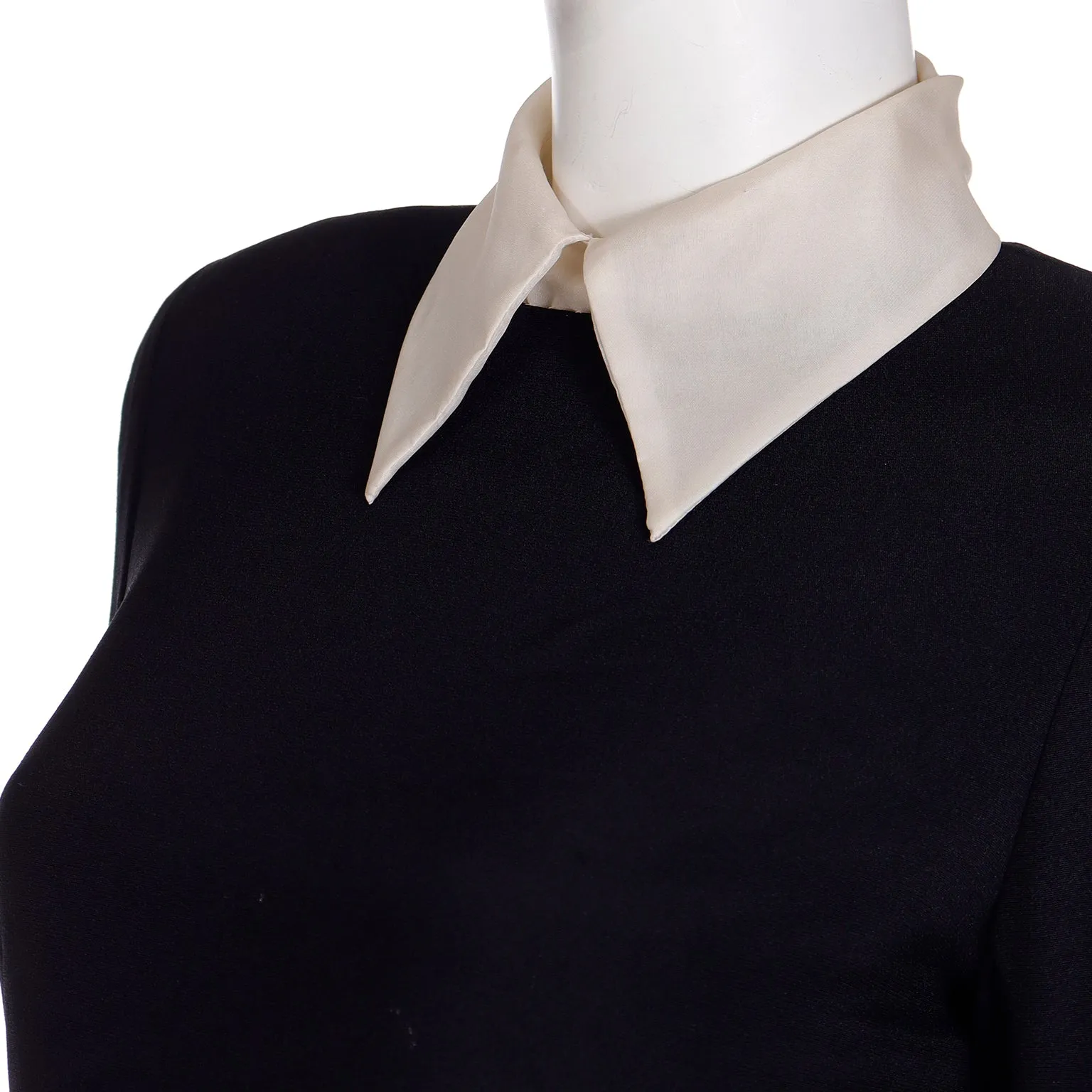 1980s Christian Dior Black Dress w Beaded Dior Logo & Organza Collar & Cuffs