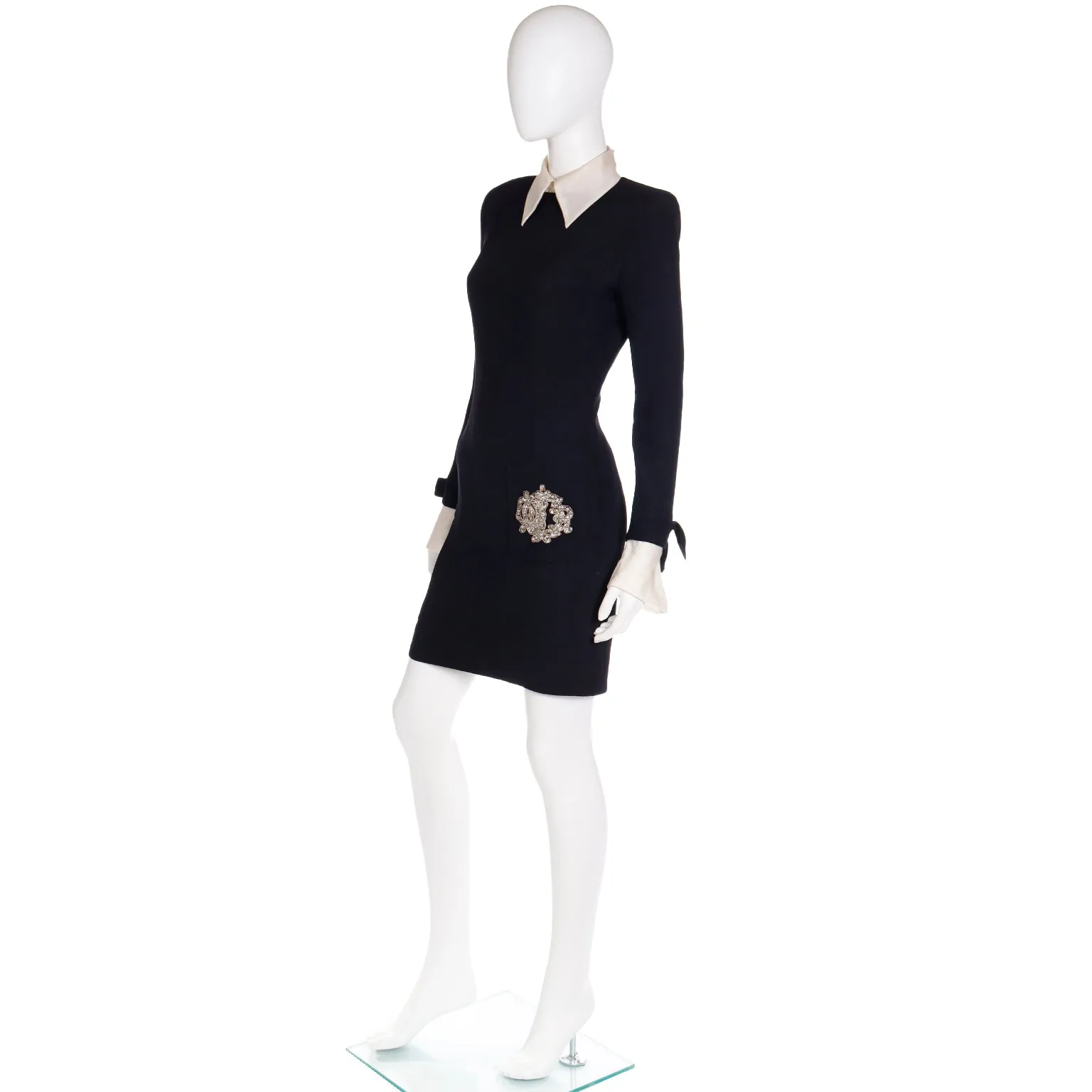 1980s Christian Dior Black Dress w Beaded Dior Logo & Organza Collar & Cuffs