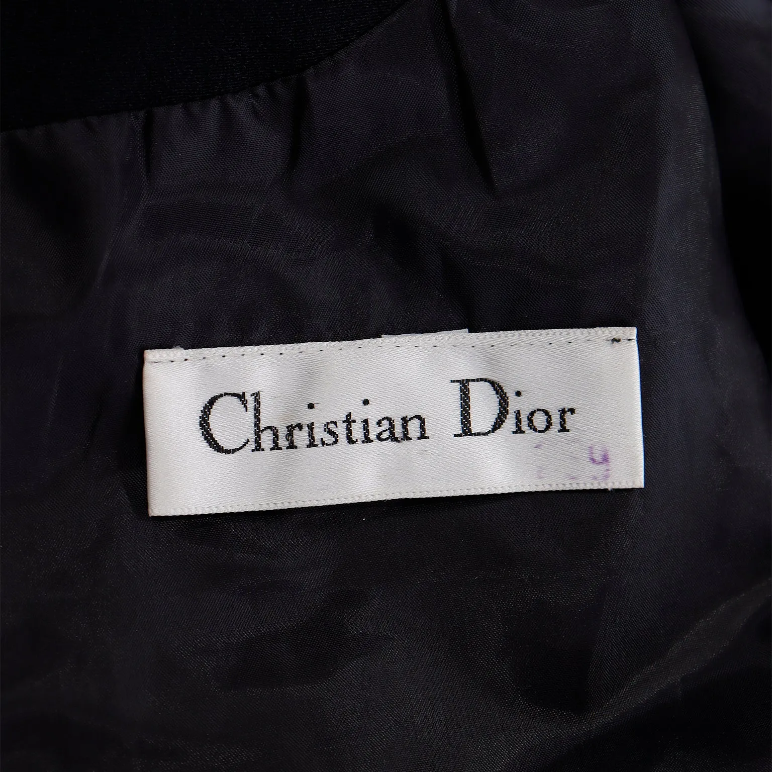 1980s Christian Dior Black Dress w Beaded Dior Logo & Organza Collar & Cuffs