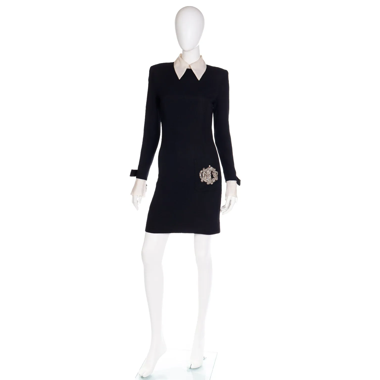 1980s Christian Dior Black Dress w Beaded Dior Logo & Organza Collar & Cuffs