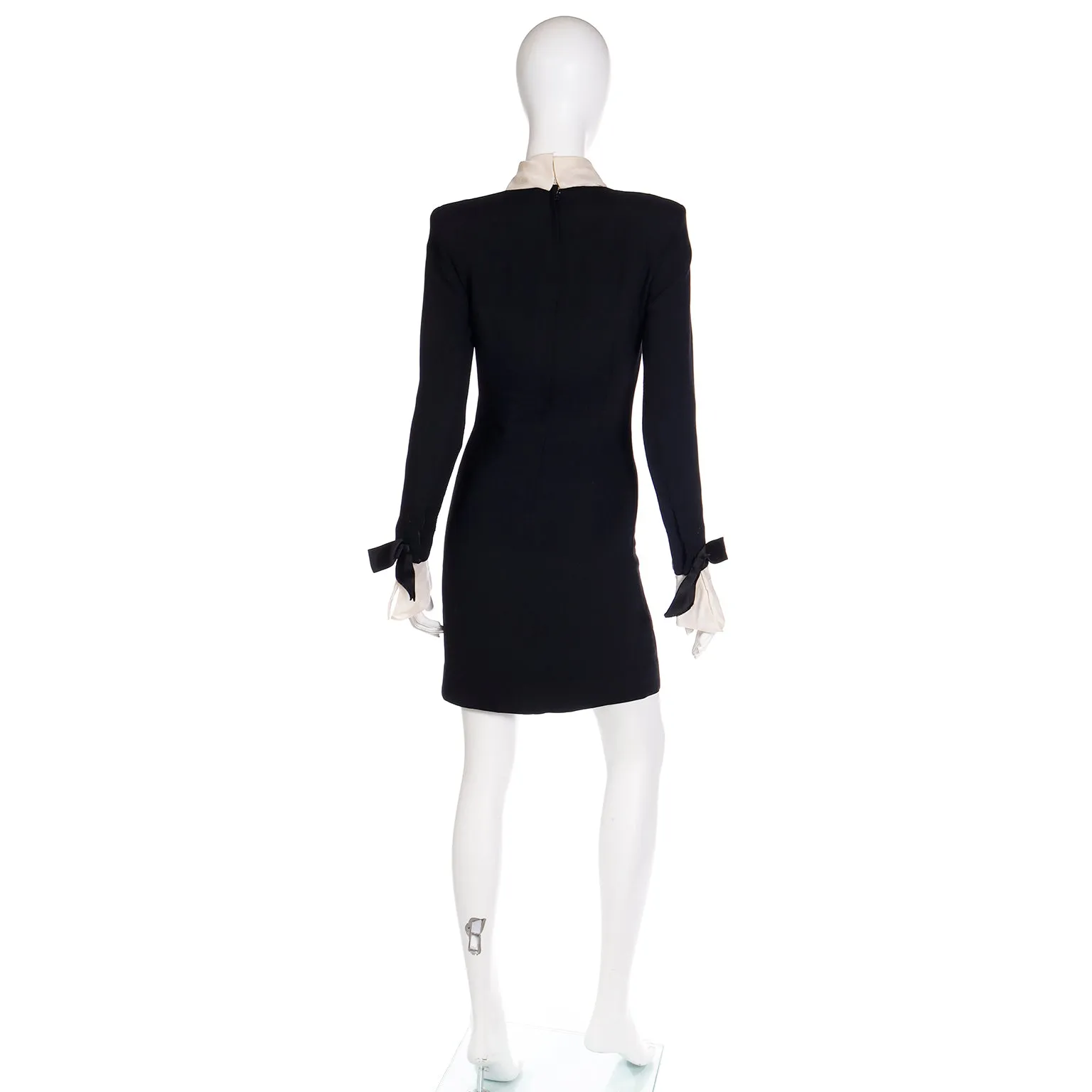 1980s Christian Dior Black Dress w Beaded Dior Logo & Organza Collar & Cuffs