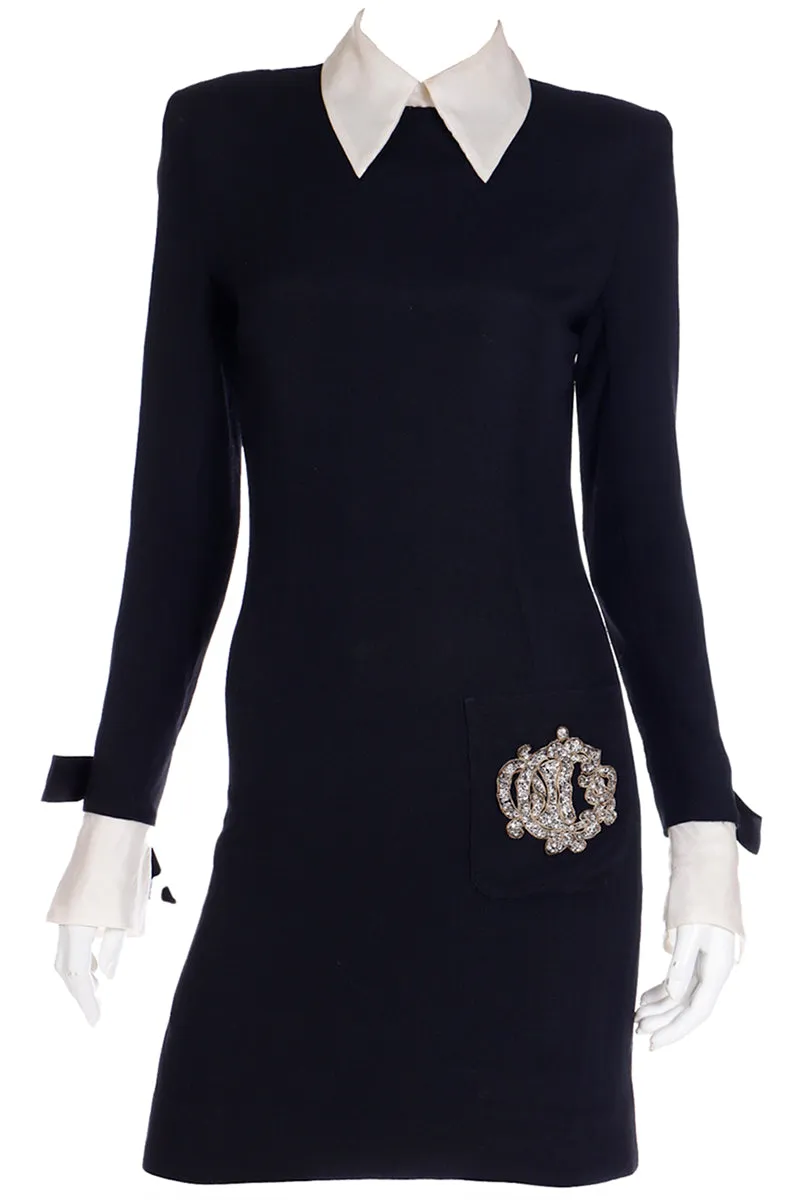 1980s Christian Dior Black Dress w Beaded Dior Logo & Organza Collar & Cuffs