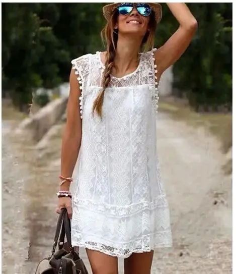 1pcs/lot Women Casual Beach Short Dress  Black White knee- length Lace Dress Sexy summer dress