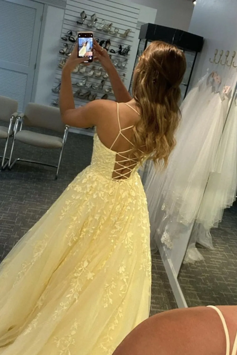 A Line Open Back Yellow Lace Long Prom Dress, Yellow Lace Formal Dress, Yellow Evening Dress A1319