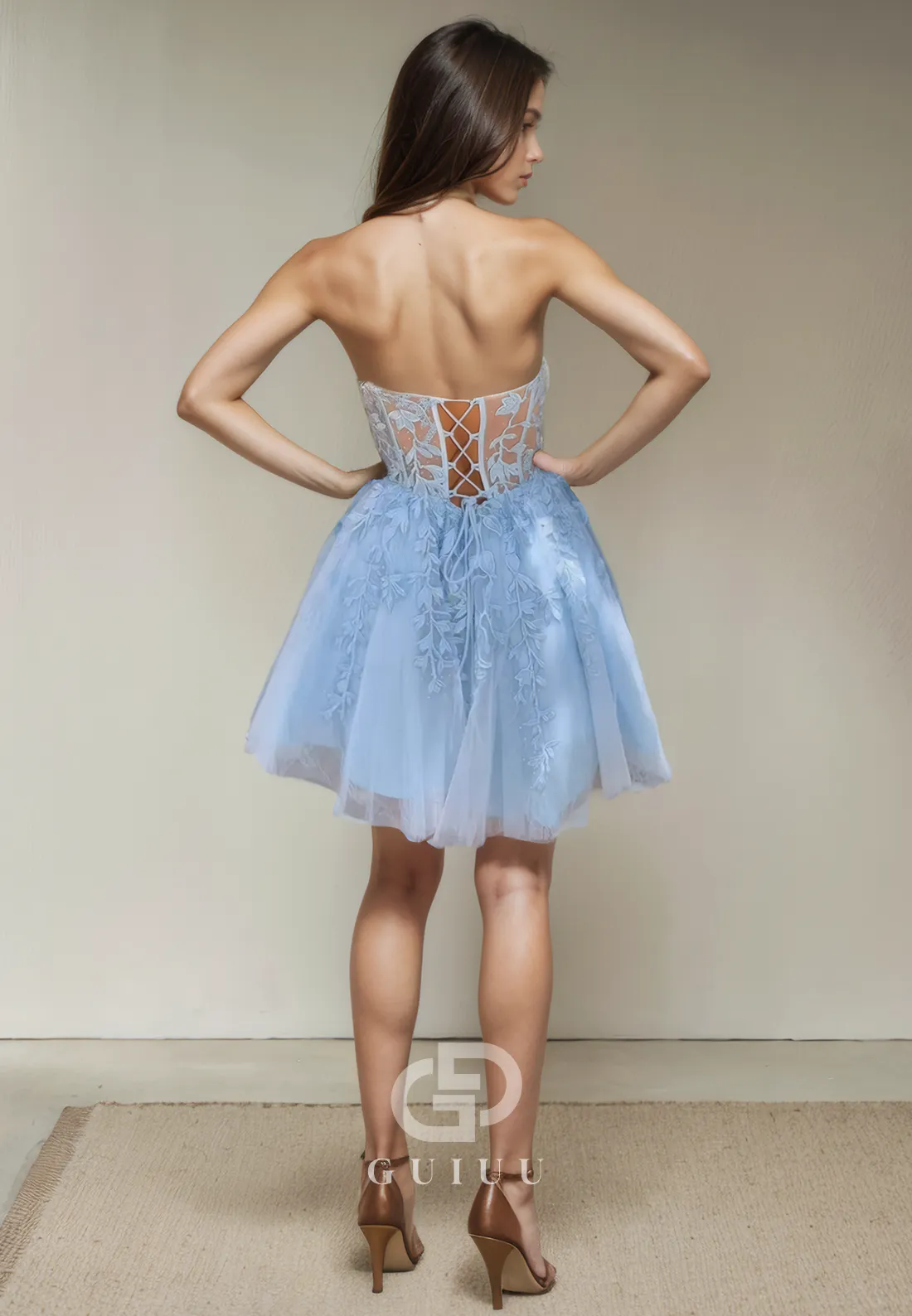 A-Line Strapless Sleeveless Appliques Criss Cross Straps Homecoming Dress