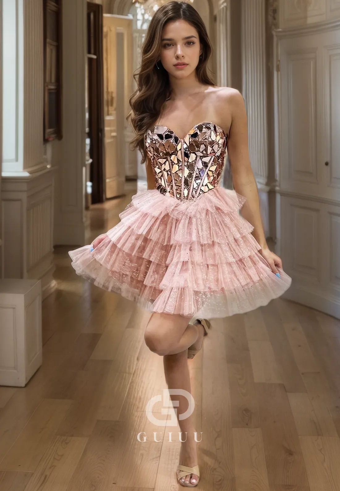 A-Line Strapless Sleeveless Sequins Beded Tulle Tiered Homecoming Dress