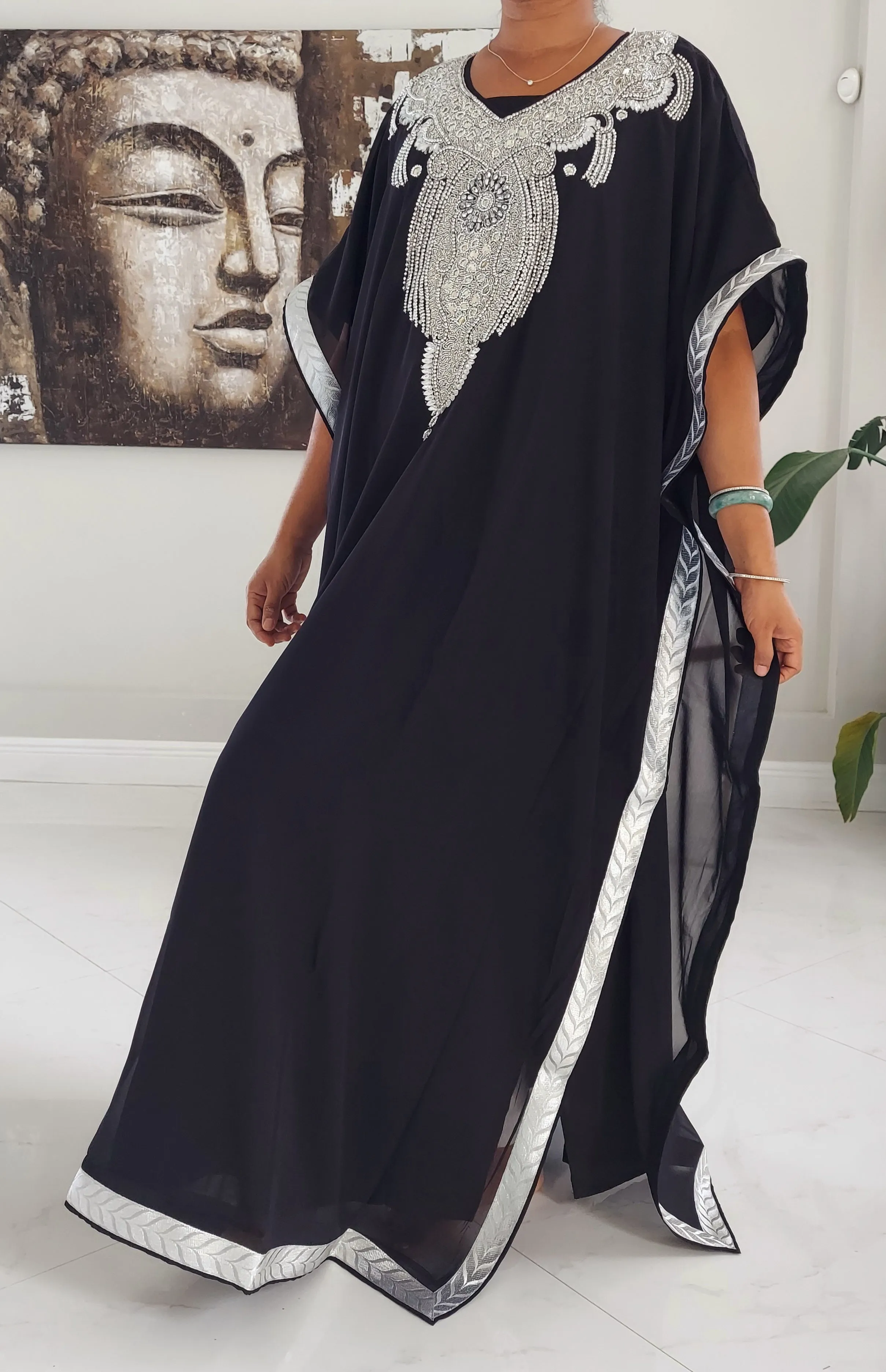 Beaded kaftan Dress With Gold Border - Black