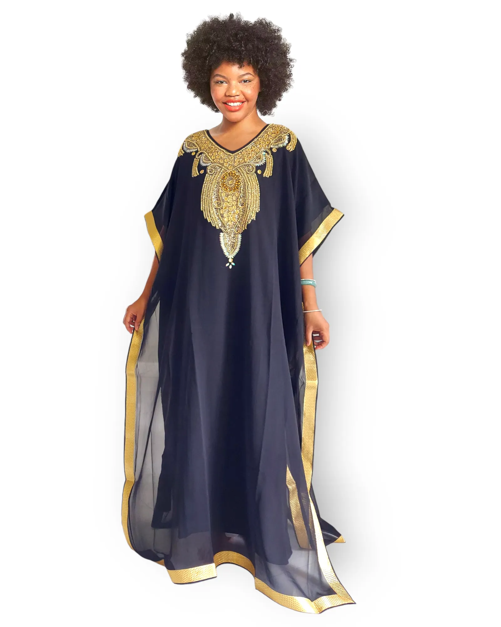 Beaded kaftan Dress With Gold Border - Black