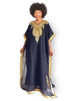 Beaded kaftan Dress With Gold Border - Black