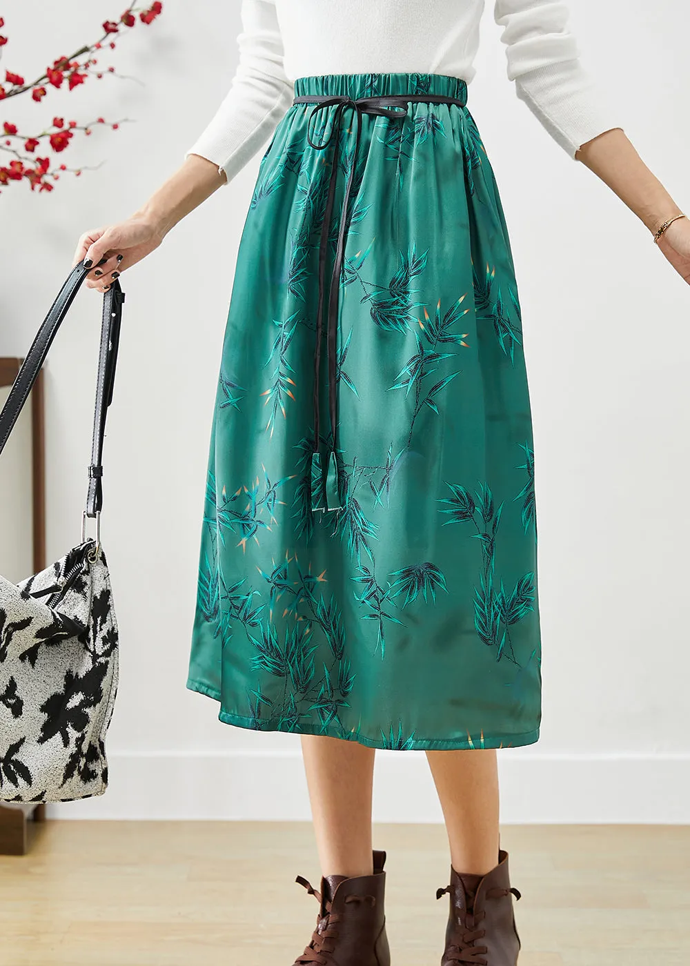 Beautiful Green Embroideried Bow Silk A Line Skirt Fall LY9880