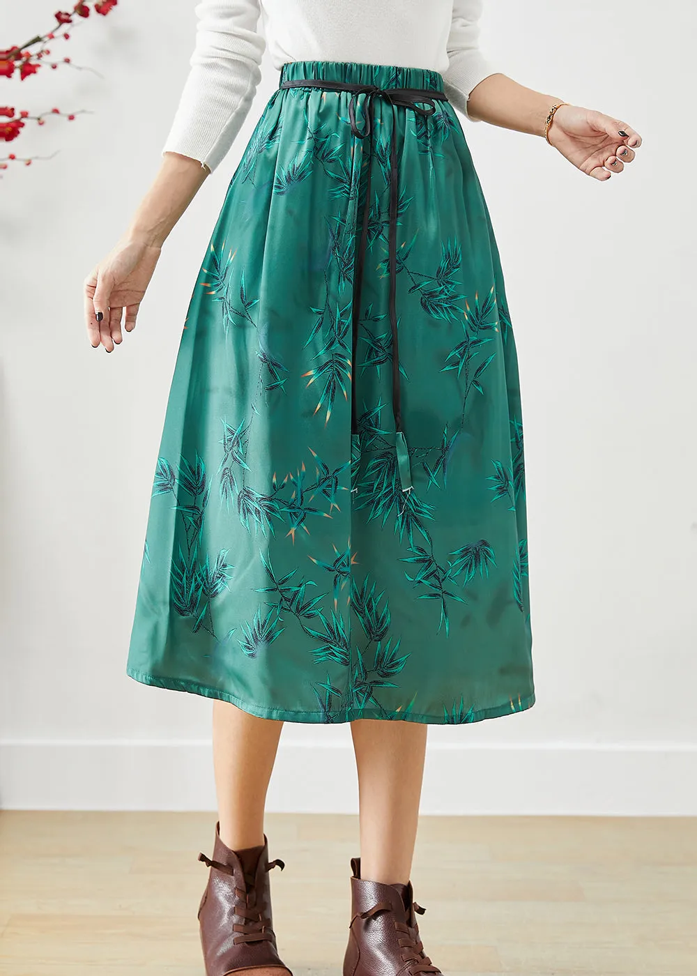 Beautiful Green Embroideried Bow Silk A Line Skirt Fall LY9880