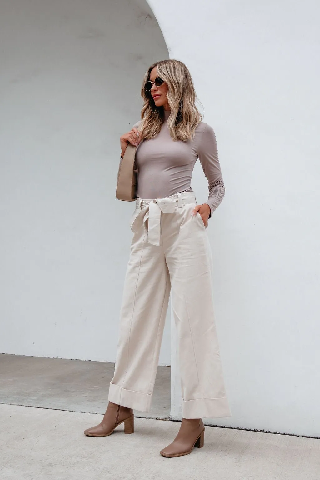 Belted Wide Leg Cuffed Pants - Natural - FINAL SALE