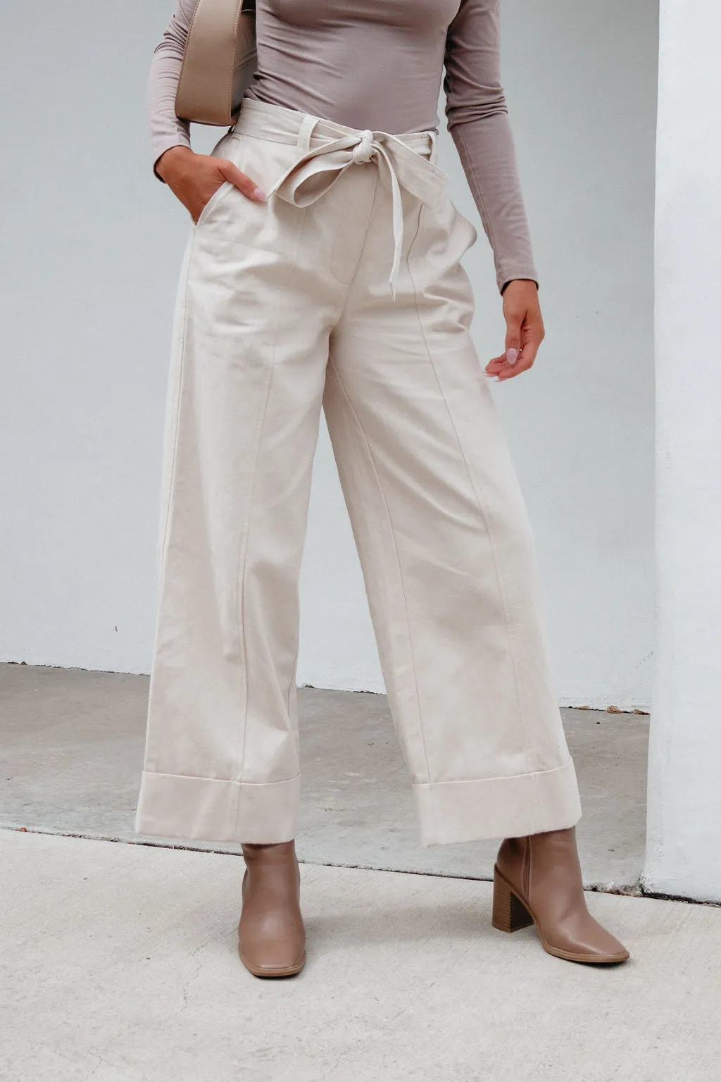 Belted Wide Leg Cuffed Pants - Natural - FINAL SALE