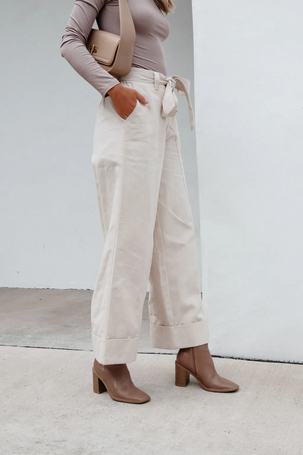 Belted Wide Leg Cuffed Pants - Natural - FINAL SALE