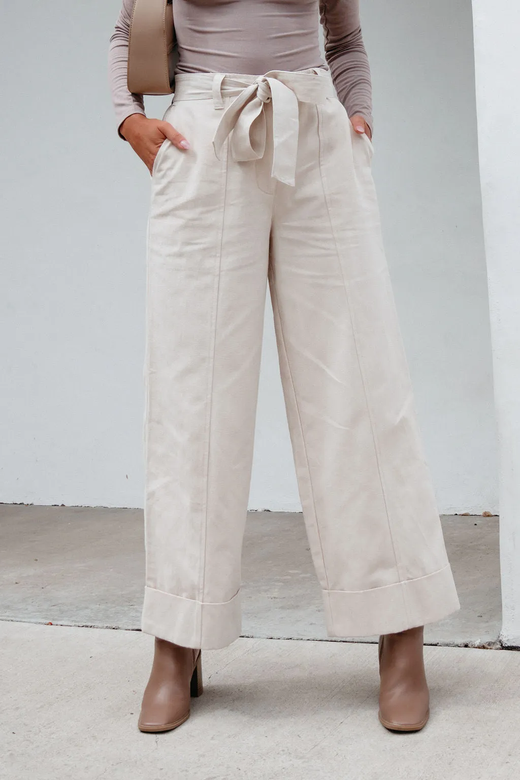 Belted Wide Leg Cuffed Pants - Natural - FINAL SALE