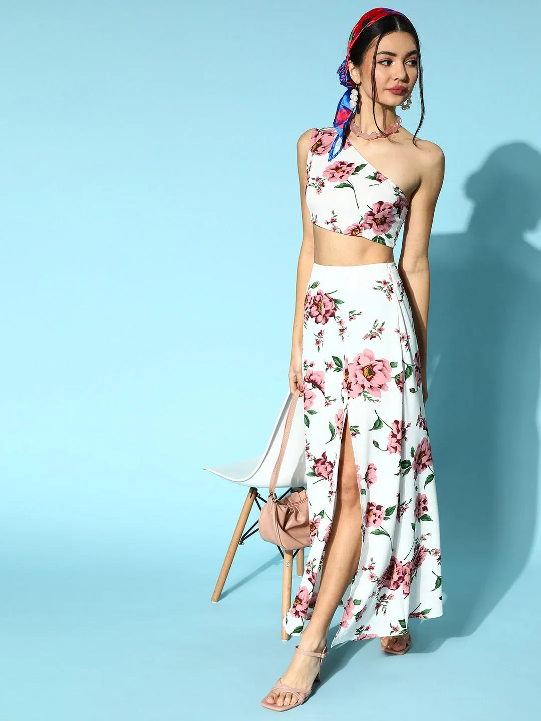 Berrylush Women White & Pink Floral Printed One-Shoulder Neck Thigh-High Slit Maxi Co-Ordinate Set