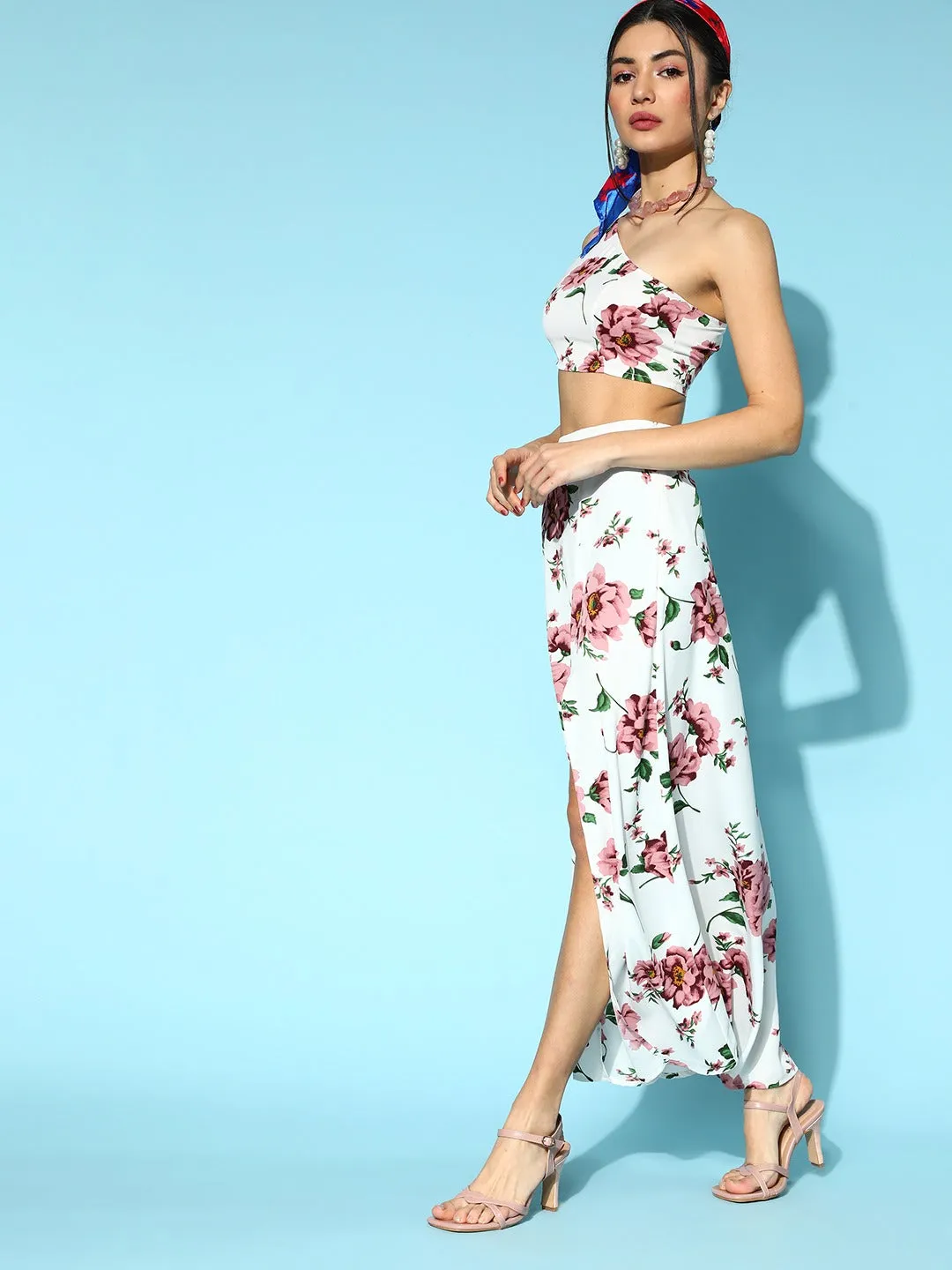 Berrylush Women White & Pink Floral Printed One-Shoulder Neck Thigh-High Slit Maxi Co-Ordinate Set