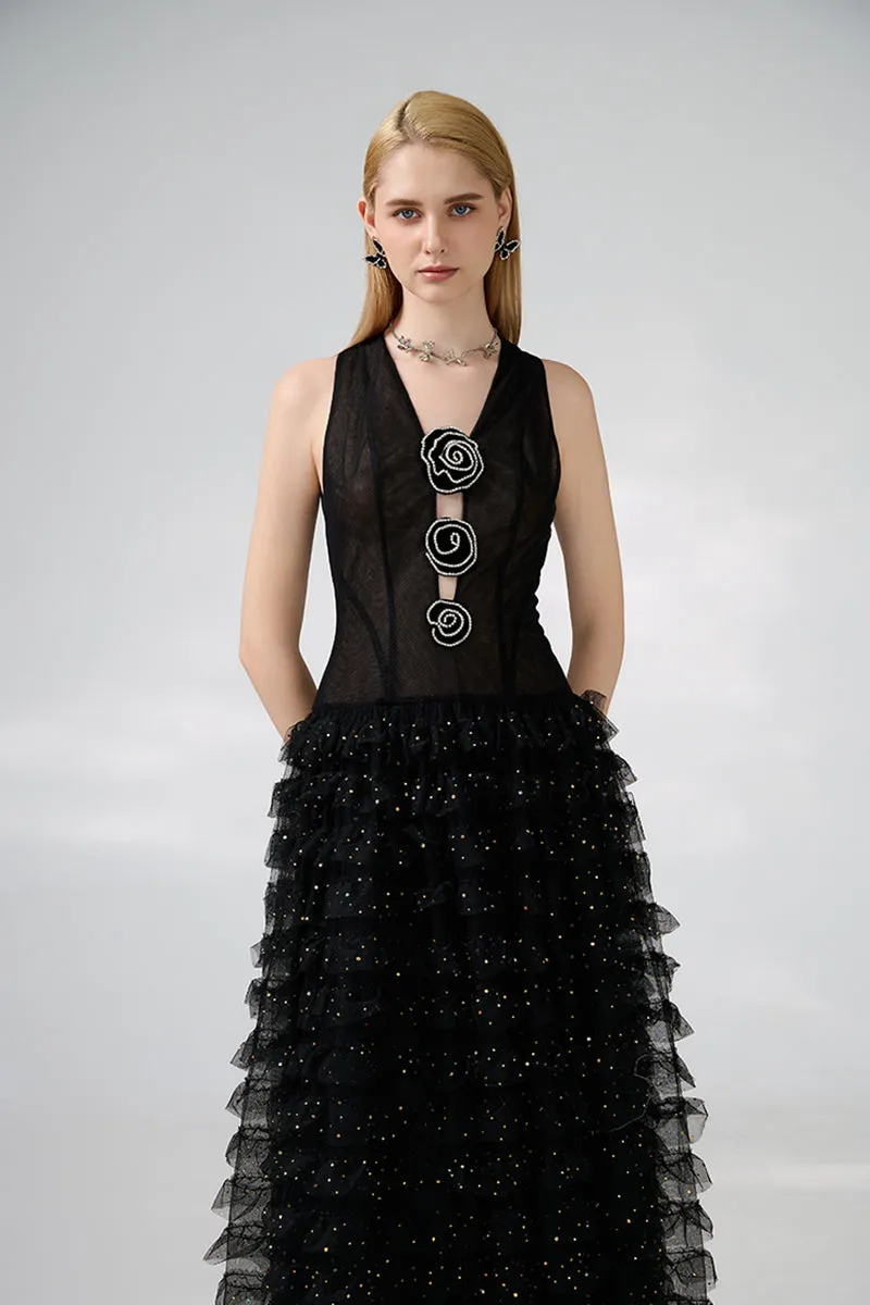 BLACK V-NECK ROSES EMBELLISHMENT GOWN