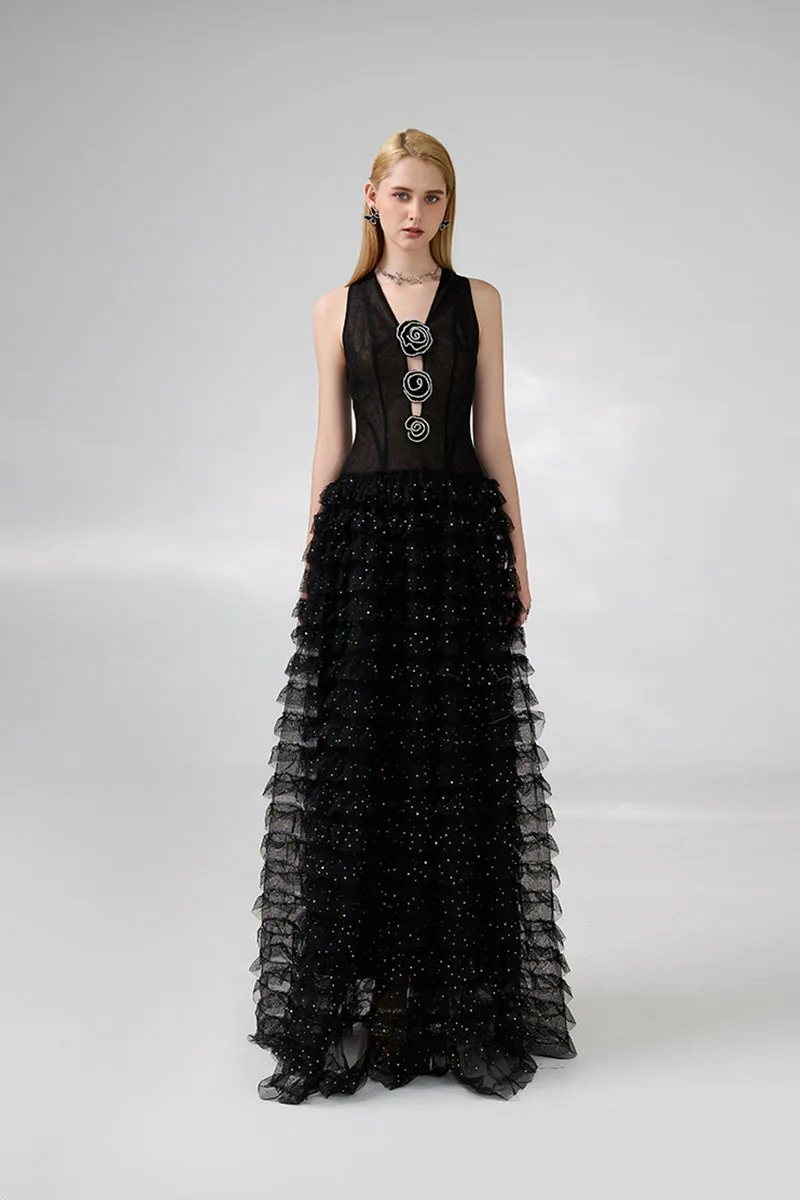 BLACK V-NECK ROSES EMBELLISHMENT GOWN