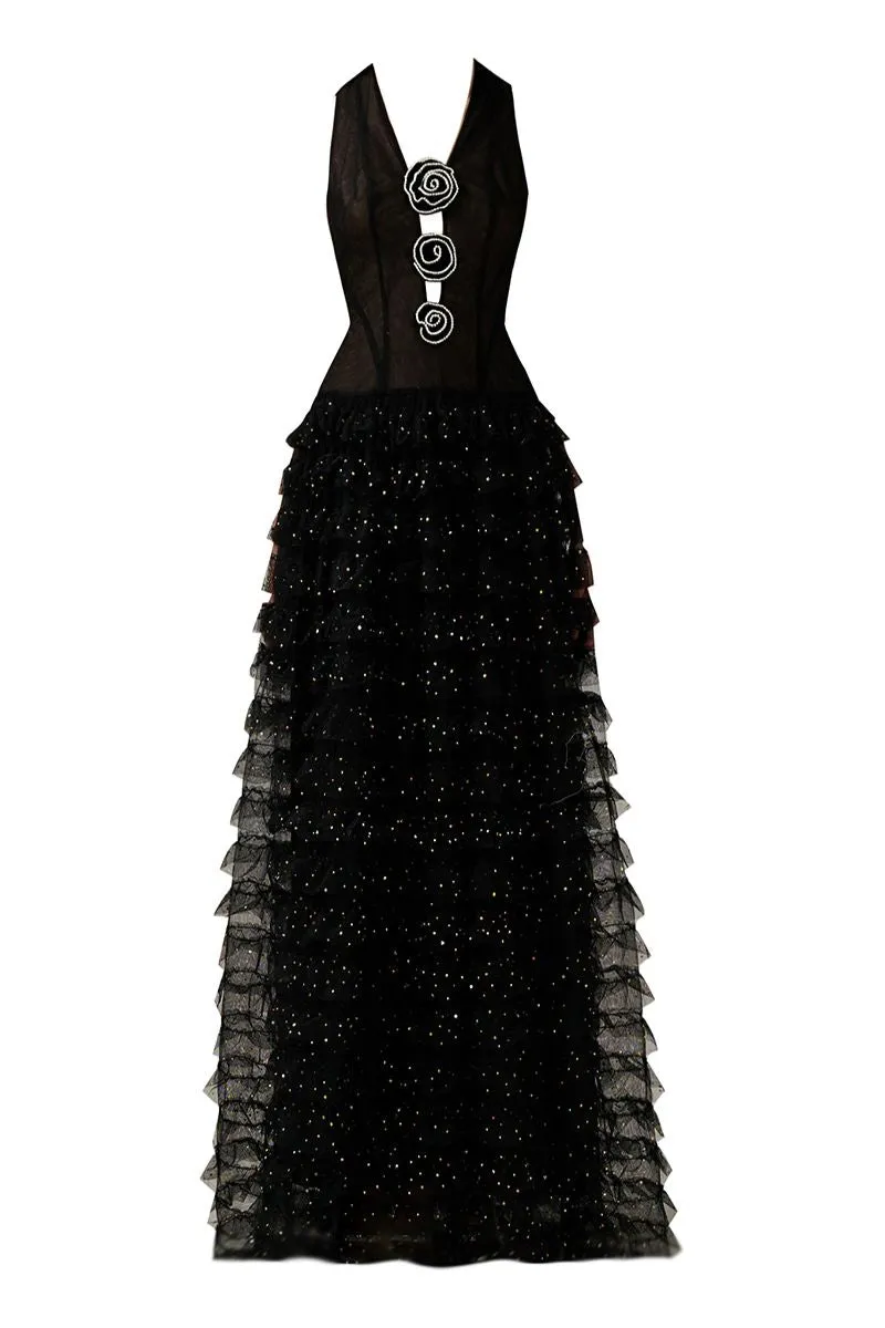 BLACK V-NECK ROSES EMBELLISHMENT GOWN