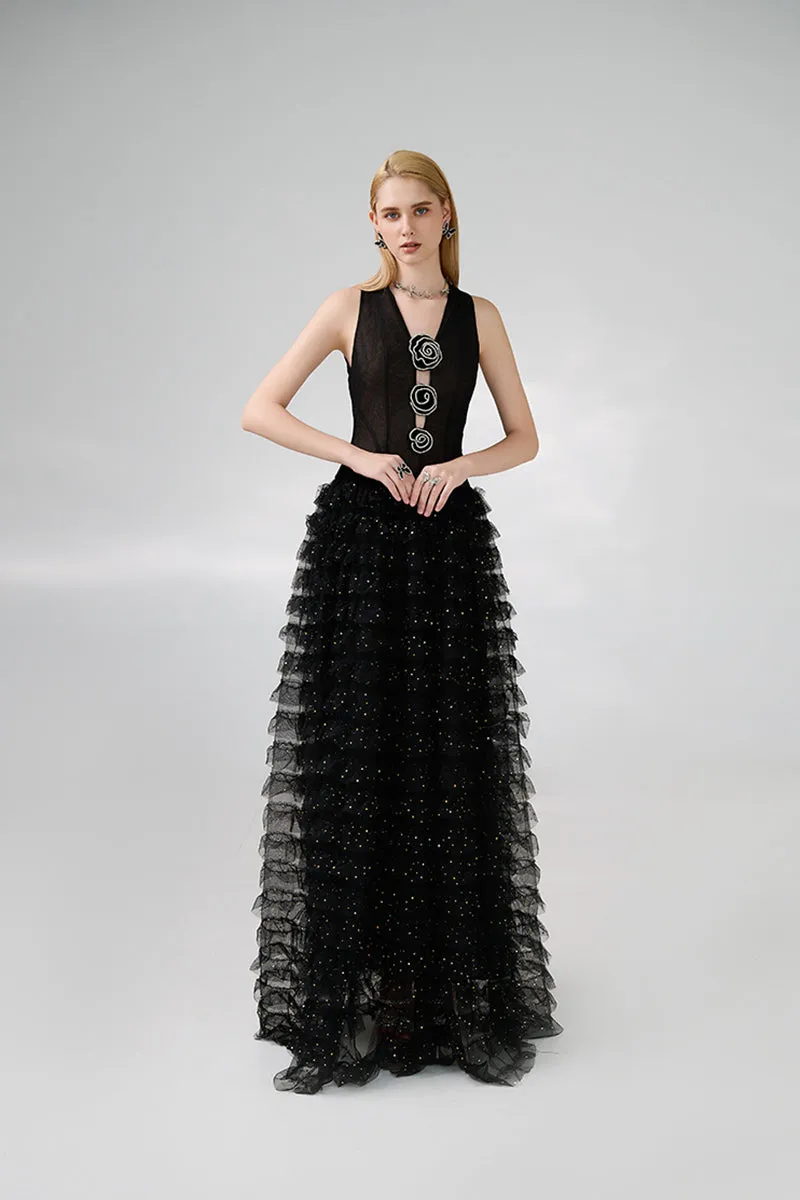 BLACK V-NECK ROSES EMBELLISHMENT GOWN