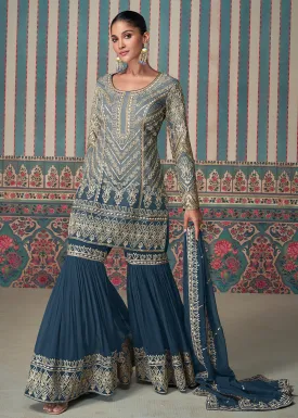 Blue & Grey Embroidered Wedding Wear Gharara Suit