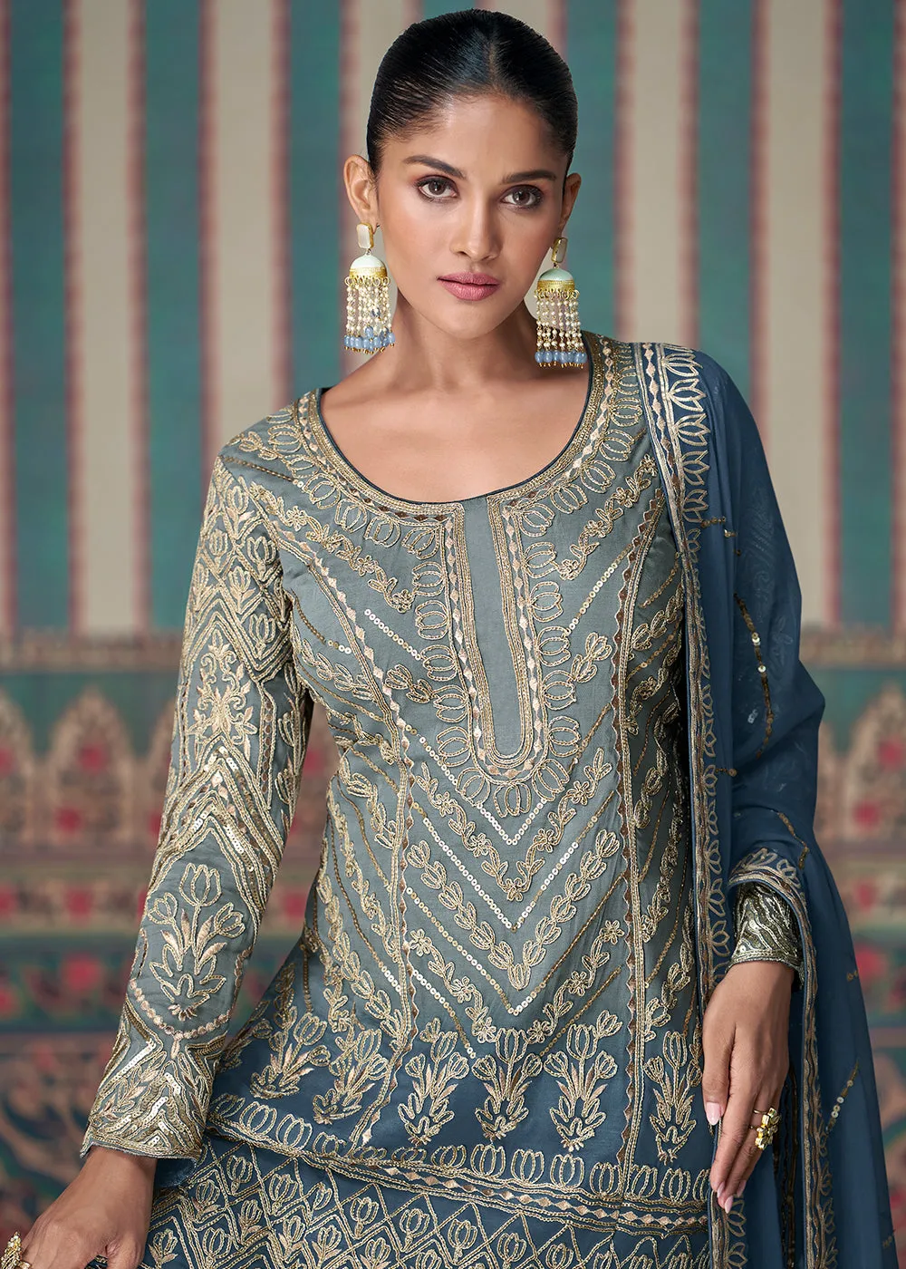 Blue & Grey Embroidered Wedding Wear Gharara Suit