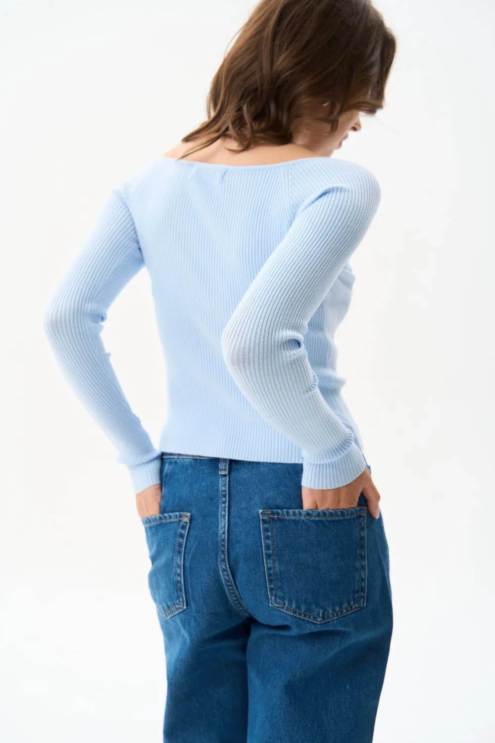 Blue Sweetheart Neckline Ribbed knit Sweater