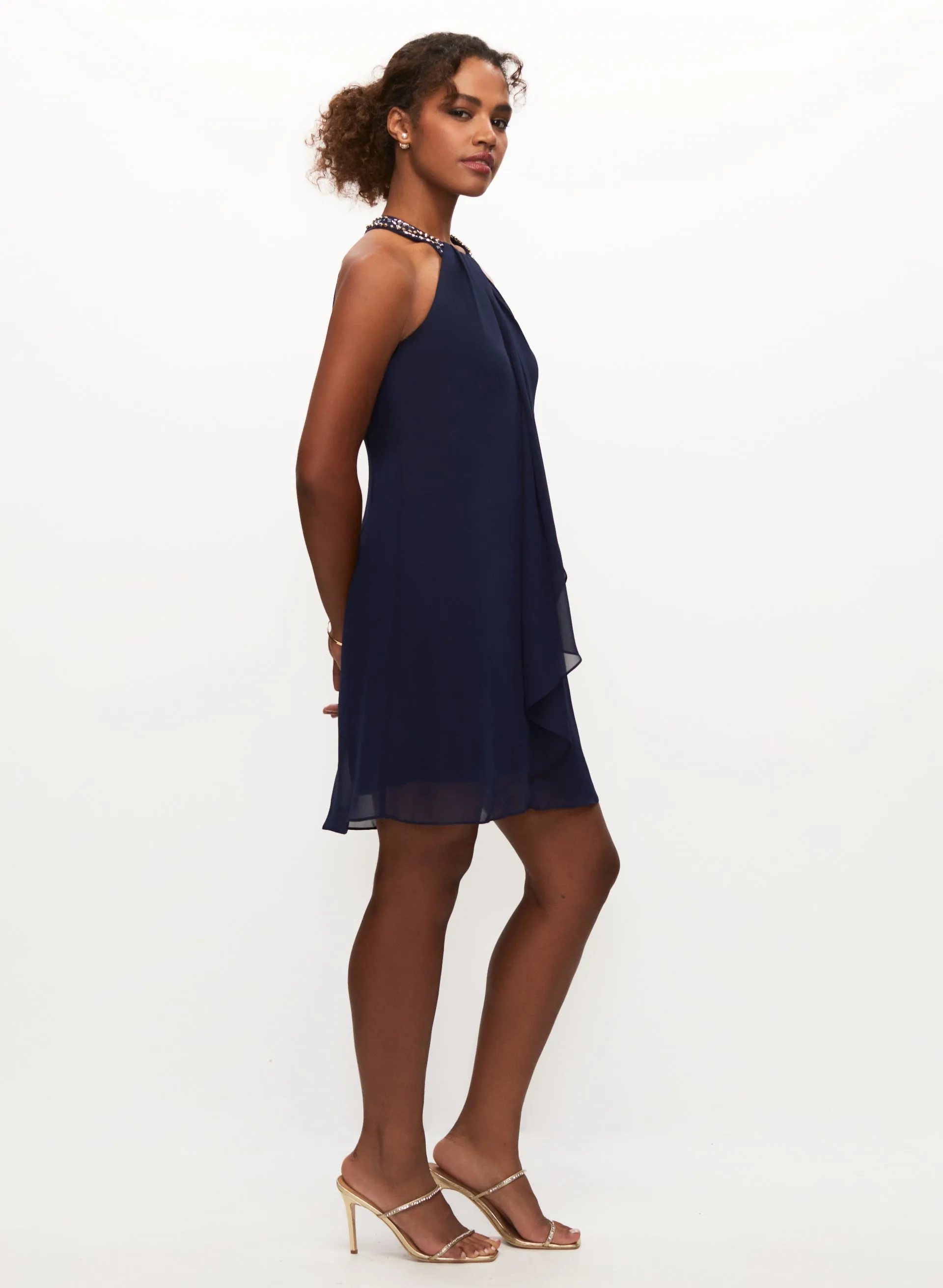 Cascading Ruffle Bead Neck Dress