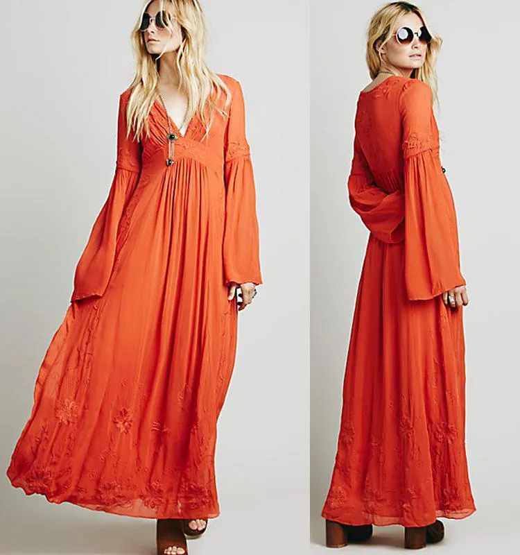 Casual Loose V Neck Long Sleeve Maxi Long Dress