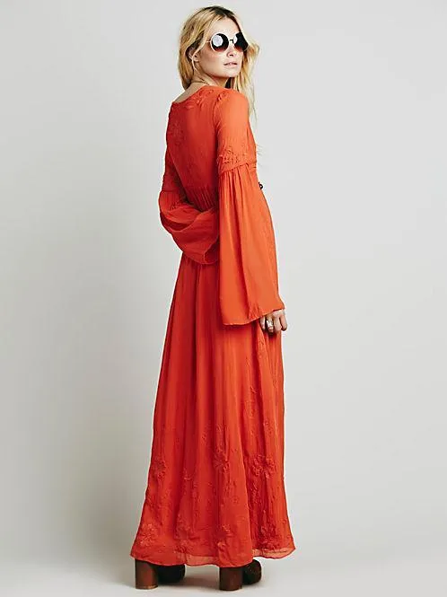 Casual Loose V Neck Long Sleeve Maxi Long Dress