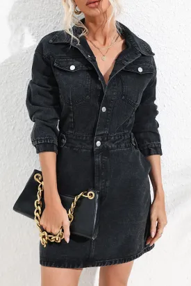 Casual Solid Pocket Buttons Turndown Collar Long Sleeve Straight Denim Dresses