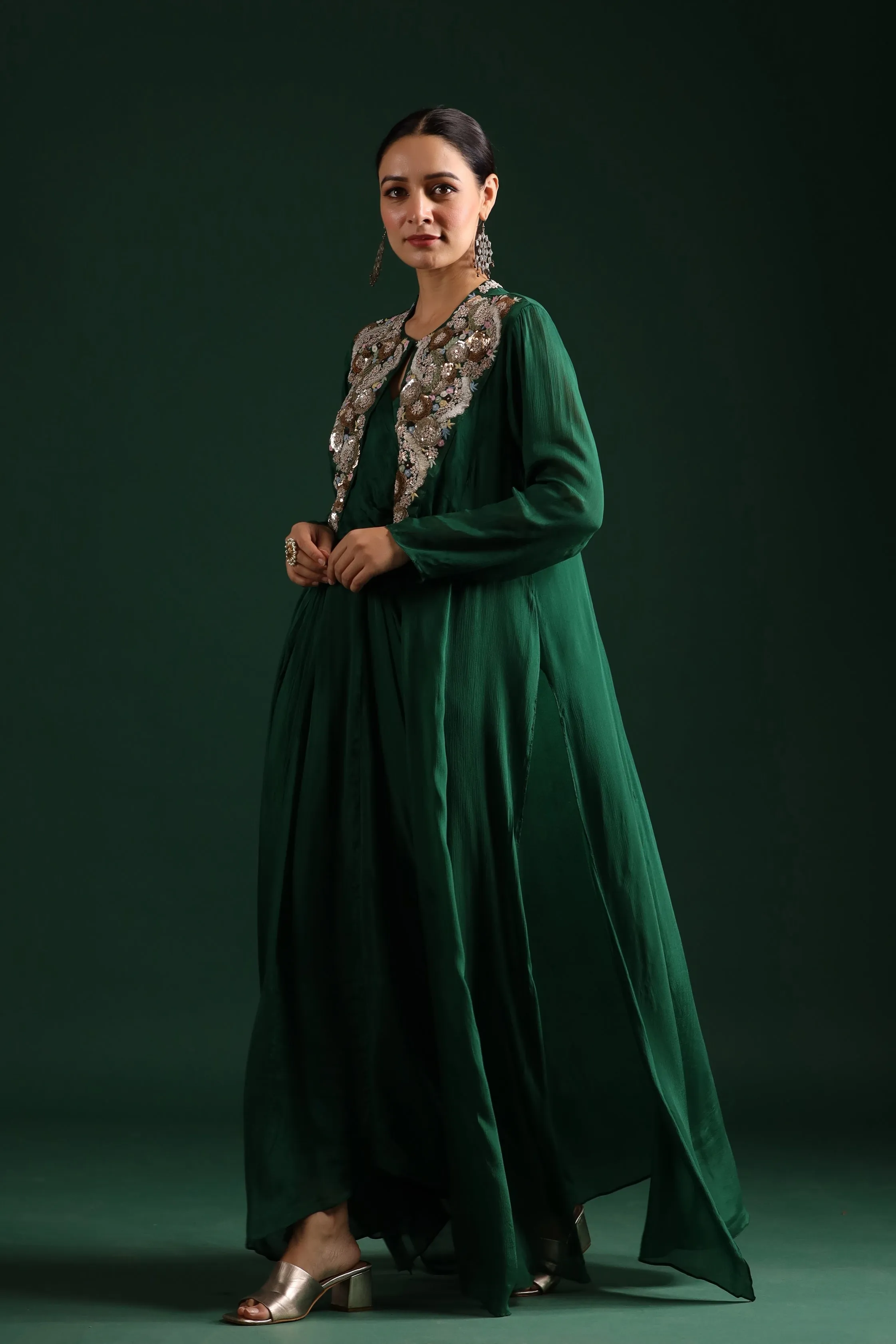 Deep Green Embellished Draped Cape Dress