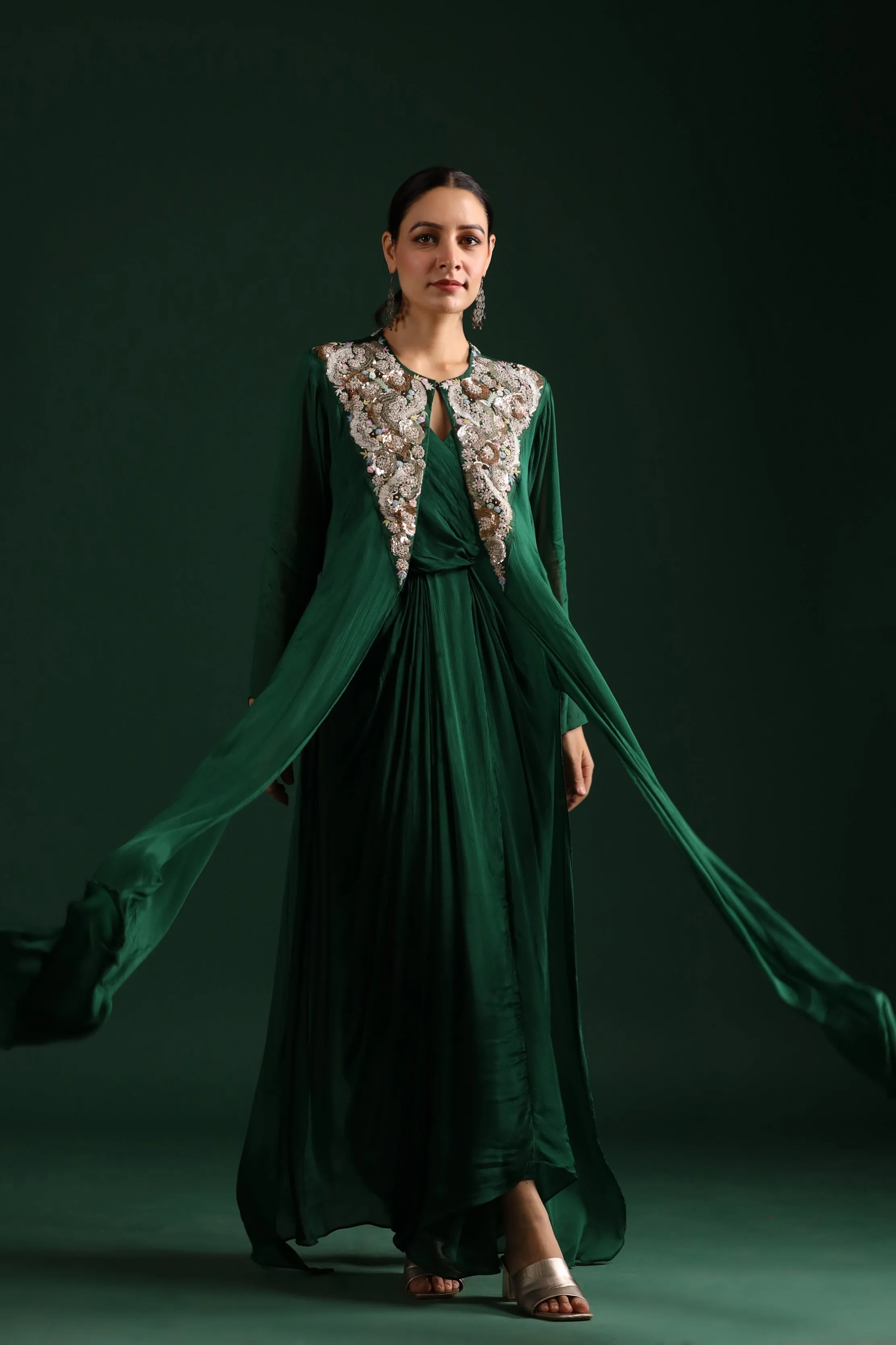 Deep Green Embellished Draped Cape Dress