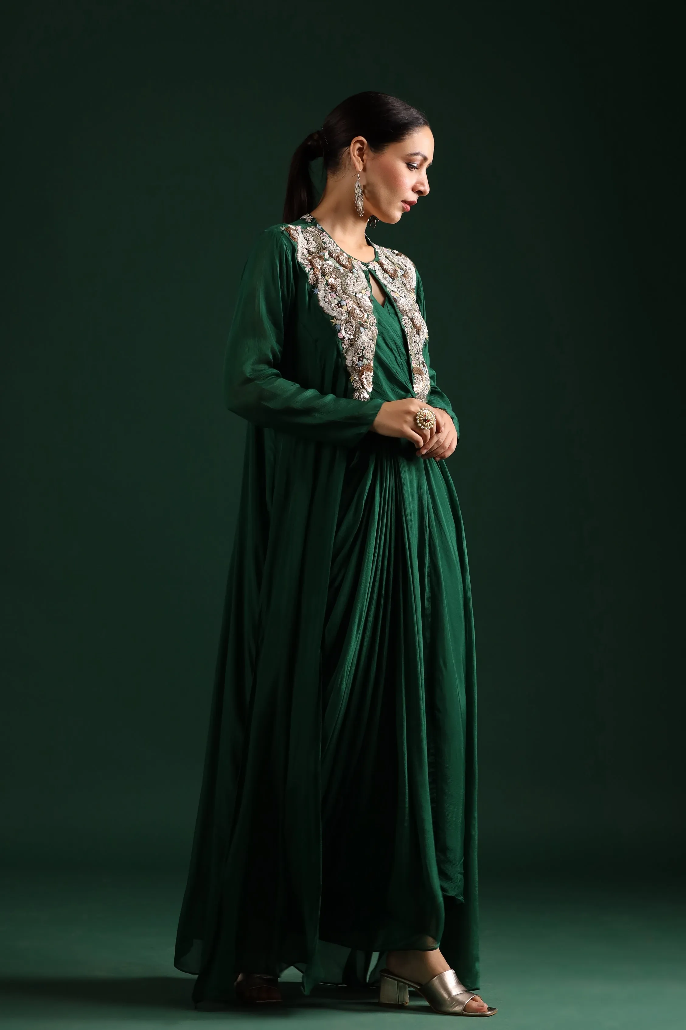 Deep Green Embellished Draped Cape Dress