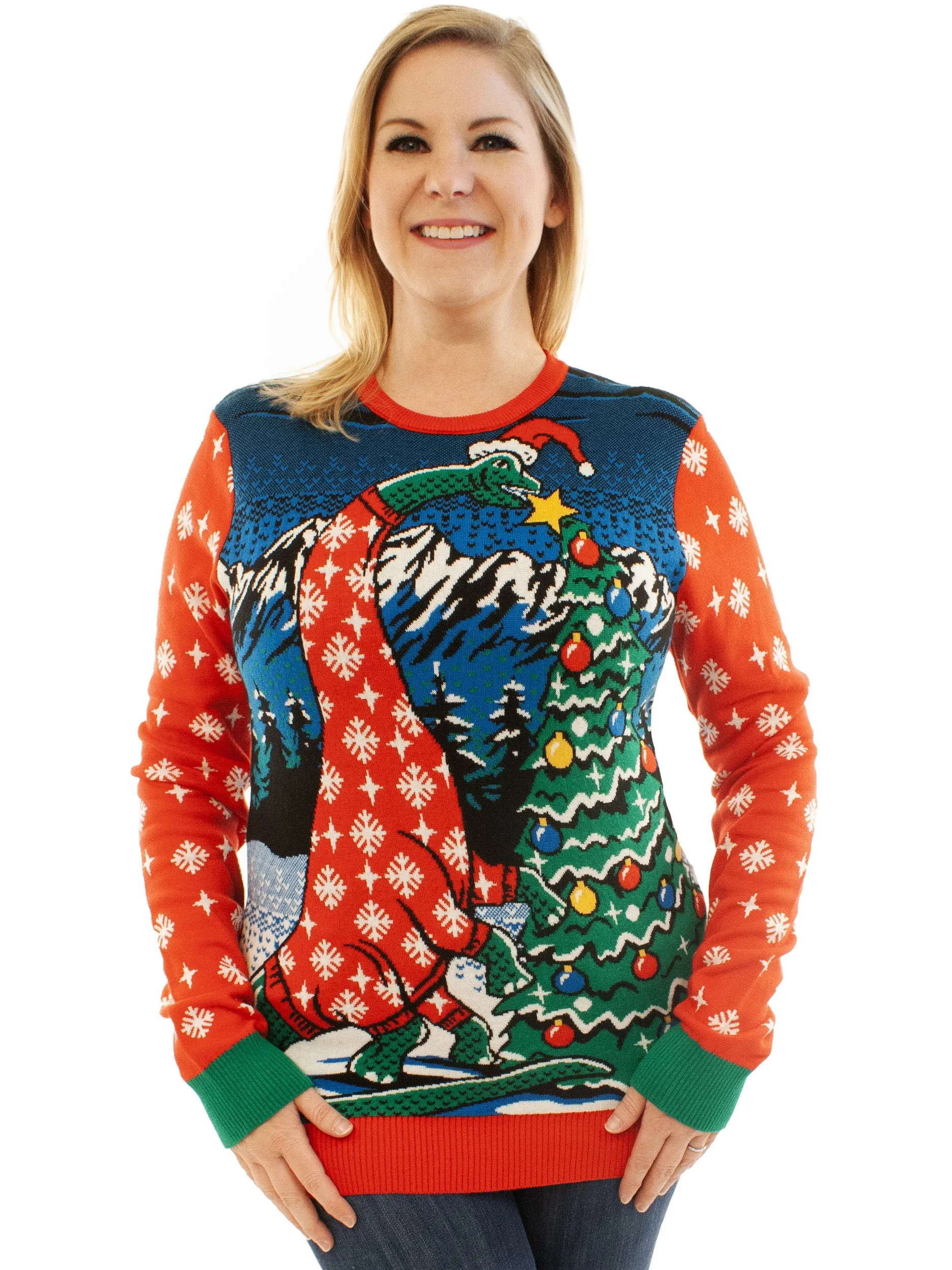 Dinosaur Hanging Star | Ugly Christmas Sweater For Men & Women | Unisex Sizing