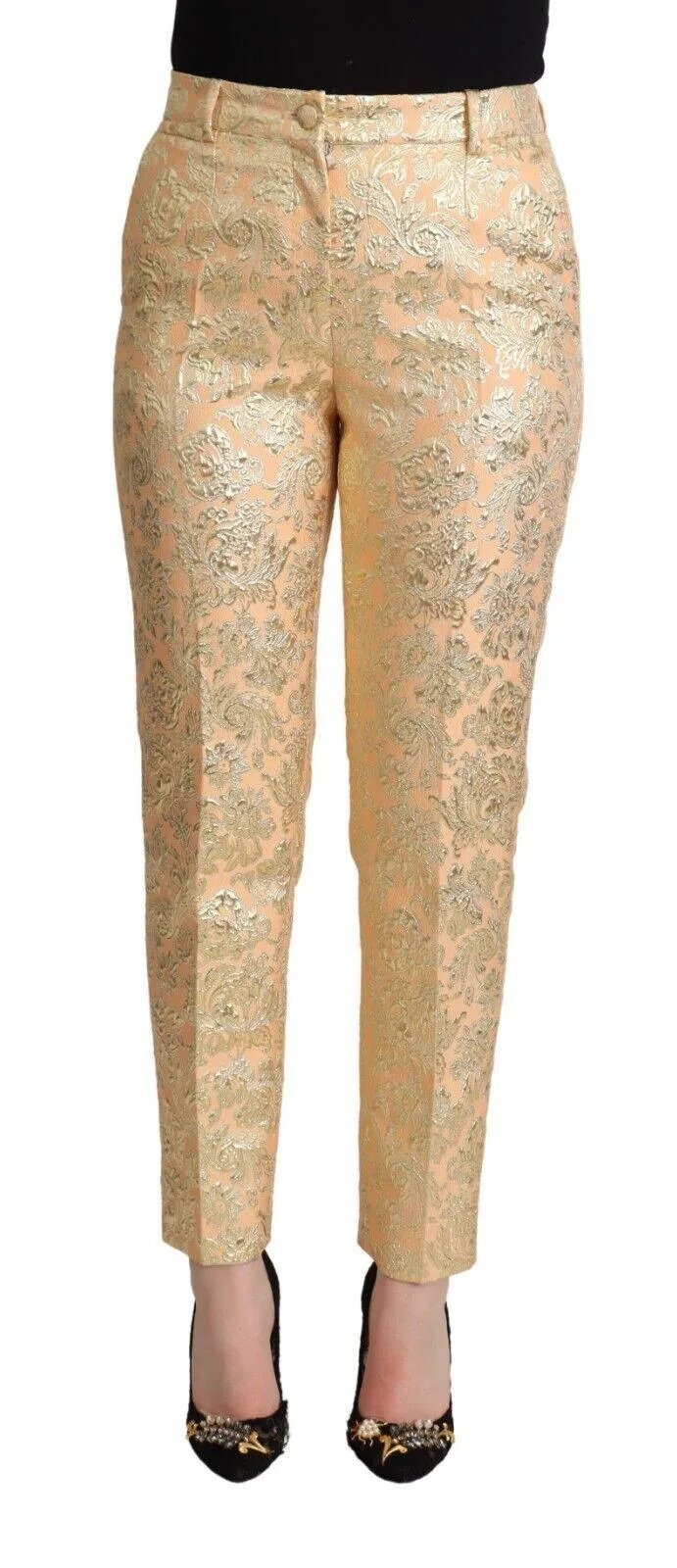 Dolce & Gabbana Pink Floral Brocade High Waist Trouser Tapered Pants