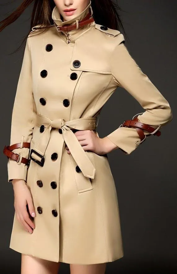 Double Wrap Strap Buckle Trench Coat in Khaki