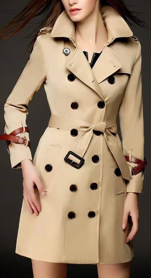 Double Wrap Strap Buckle Trench Coat in Khaki