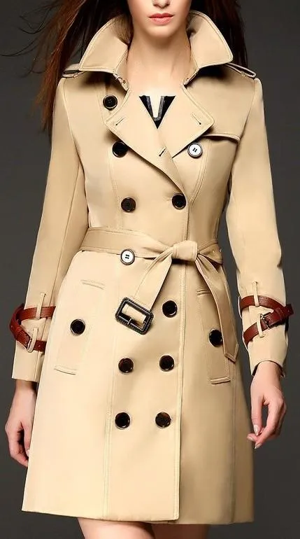 Double Wrap Strap Buckle Trench Coat in Khaki