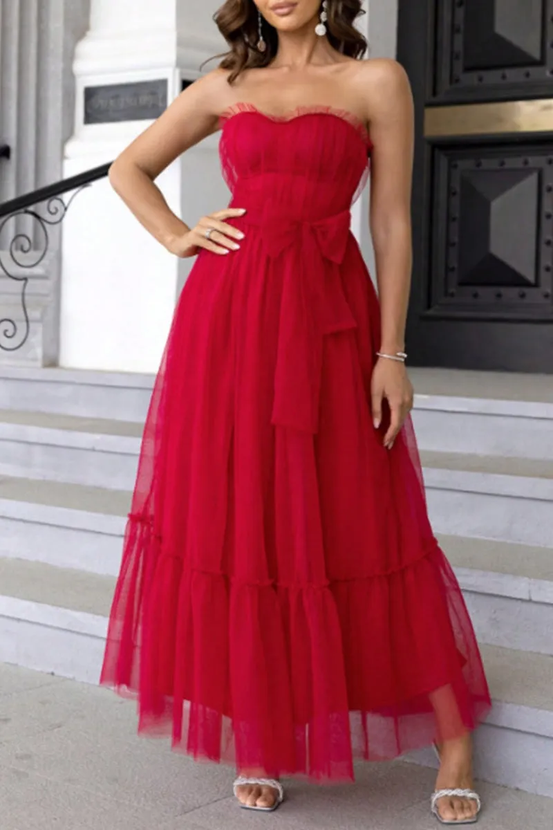 Elegant Formal Solid Frenulum Flounce With Bow Strapless Evening Dress Dresses