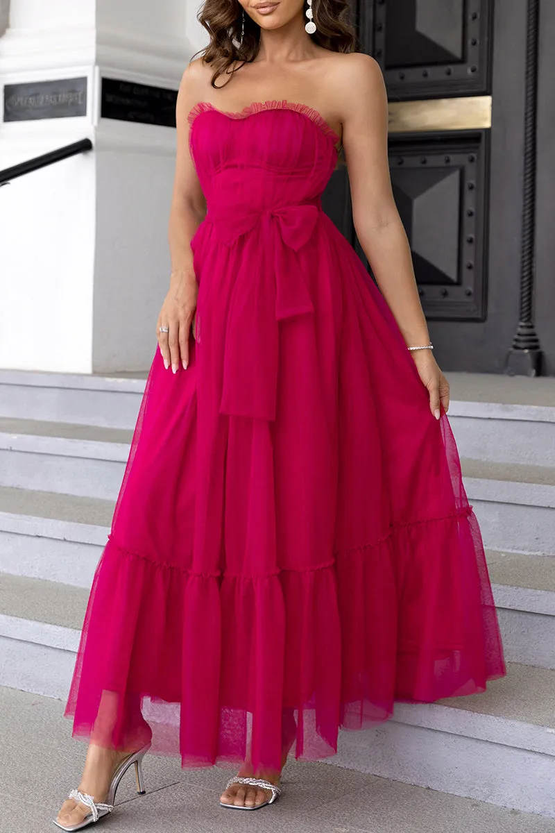 Elegant Formal Solid Frenulum Flounce With Bow Strapless Evening Dress Dresses