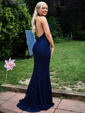 Elegant Halter Neck Backless Mermaid Blue Lace Long Prom, Mermaid Blue Lace Formal Graduation Evening