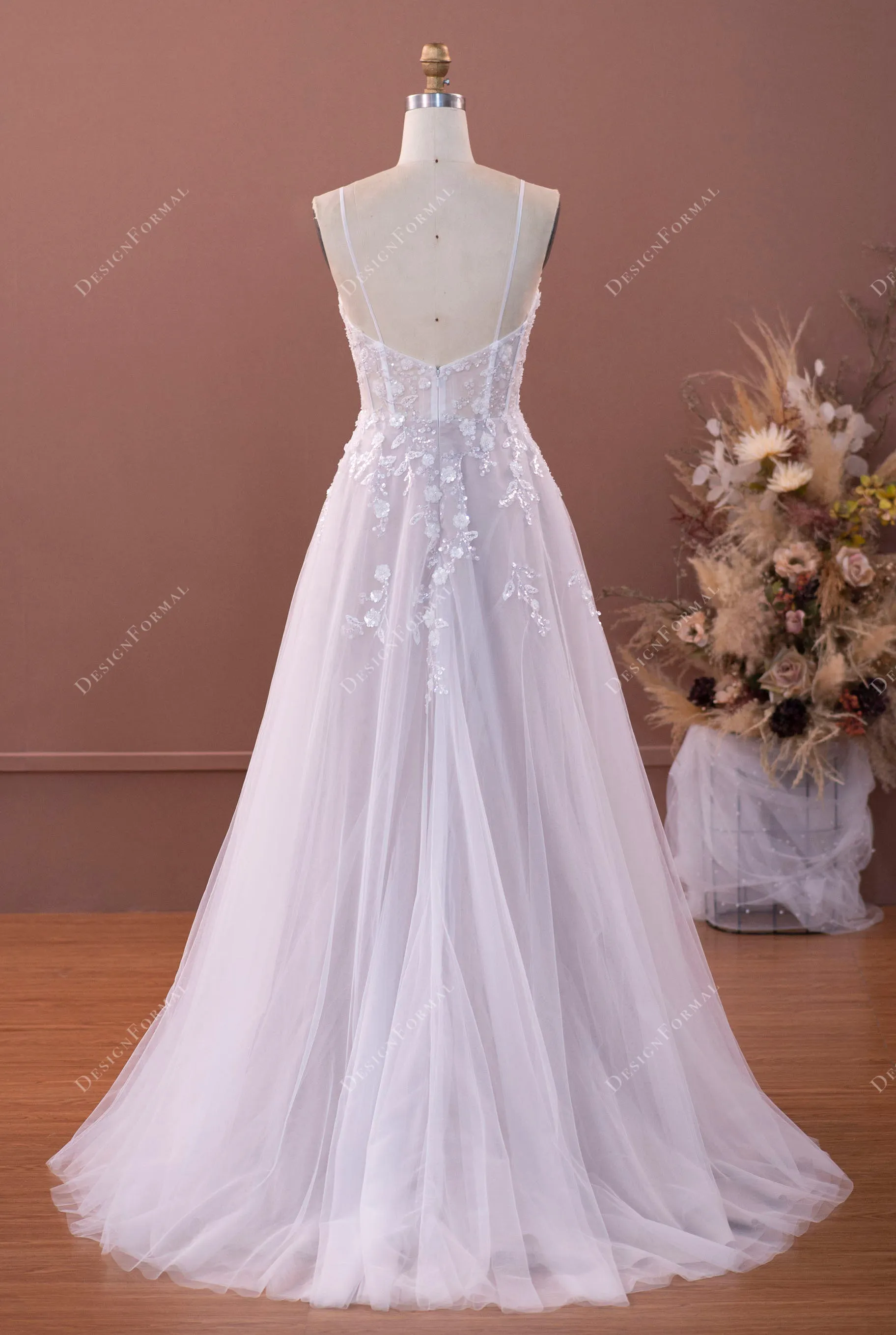 Ethereal Corset Straps Sequined Flower Lace Oyster Wedding Dress