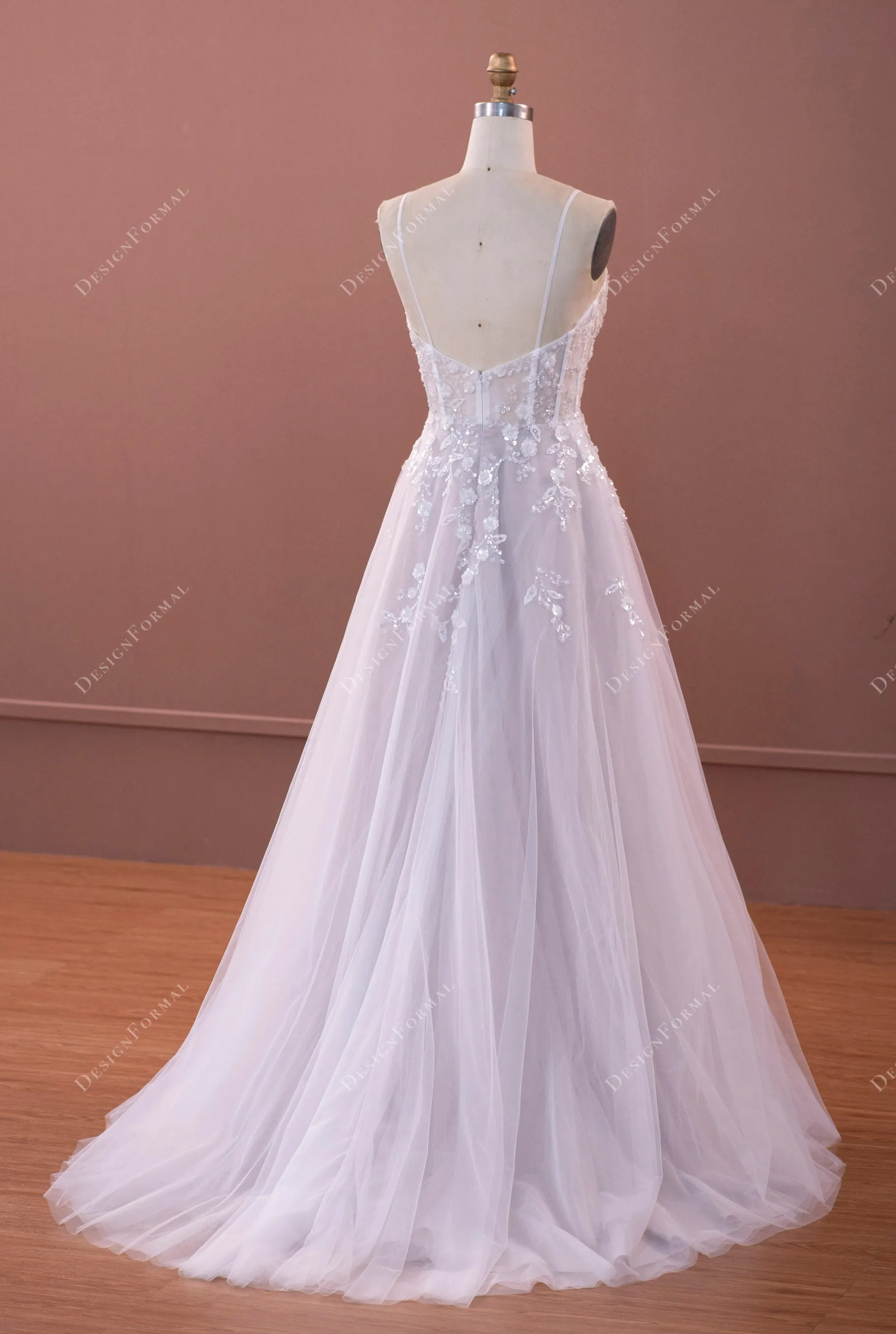 Ethereal Corset Straps Sequined Flower Lace Oyster Wedding Dress