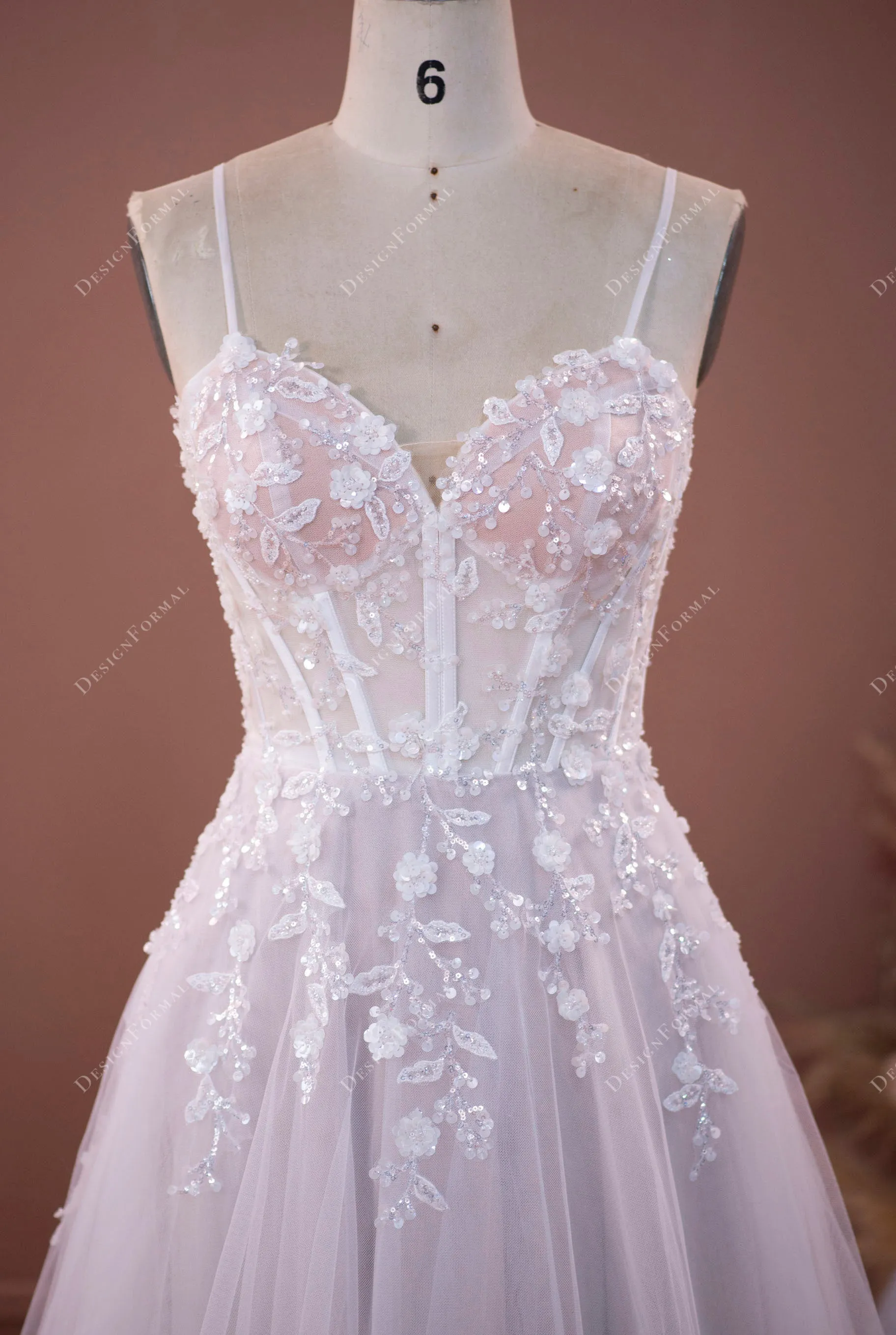 Ethereal Corset Straps Sequined Flower Lace Oyster Wedding Dress